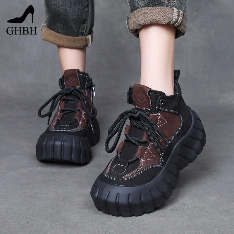 厚底高帮鞋女小个子圆头单鞋秋季新款舒适复古拼色系带欧美鞋