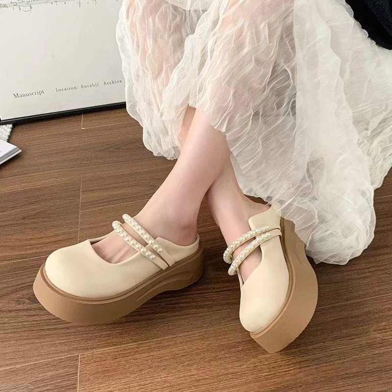 包头拖鞋女夏季2025年新款一脚蹬懒人单鞋松糕厚底增高珍珠玛丽珍