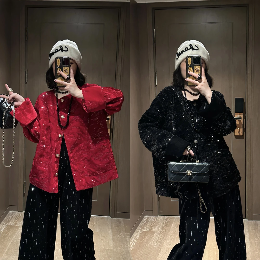 YDFSTUDIO小众【东方美学】早春年货战袍亮片刺绣圆领气质短外套女