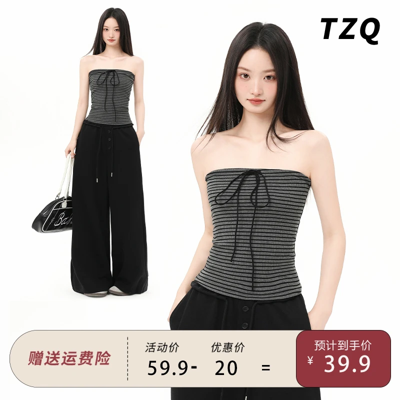 条纹抹胸上衣女夏薄款外穿内搭打底吊带背心2025新款美式辣妹内衣