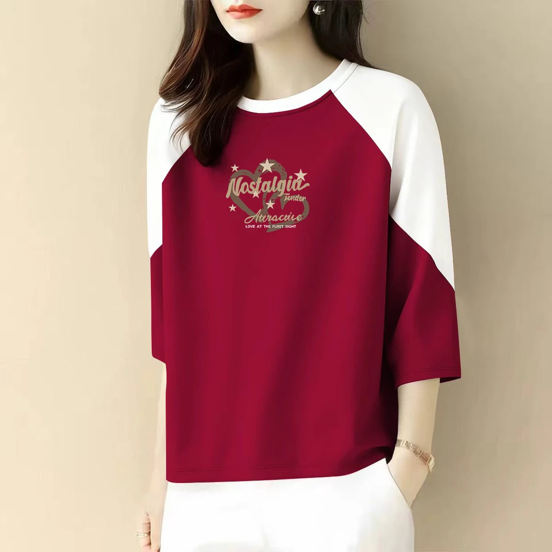 95棉七分袖t恤女中年妈妈装春夏新款洋气宽松显瘦遮肚上衣女体恤