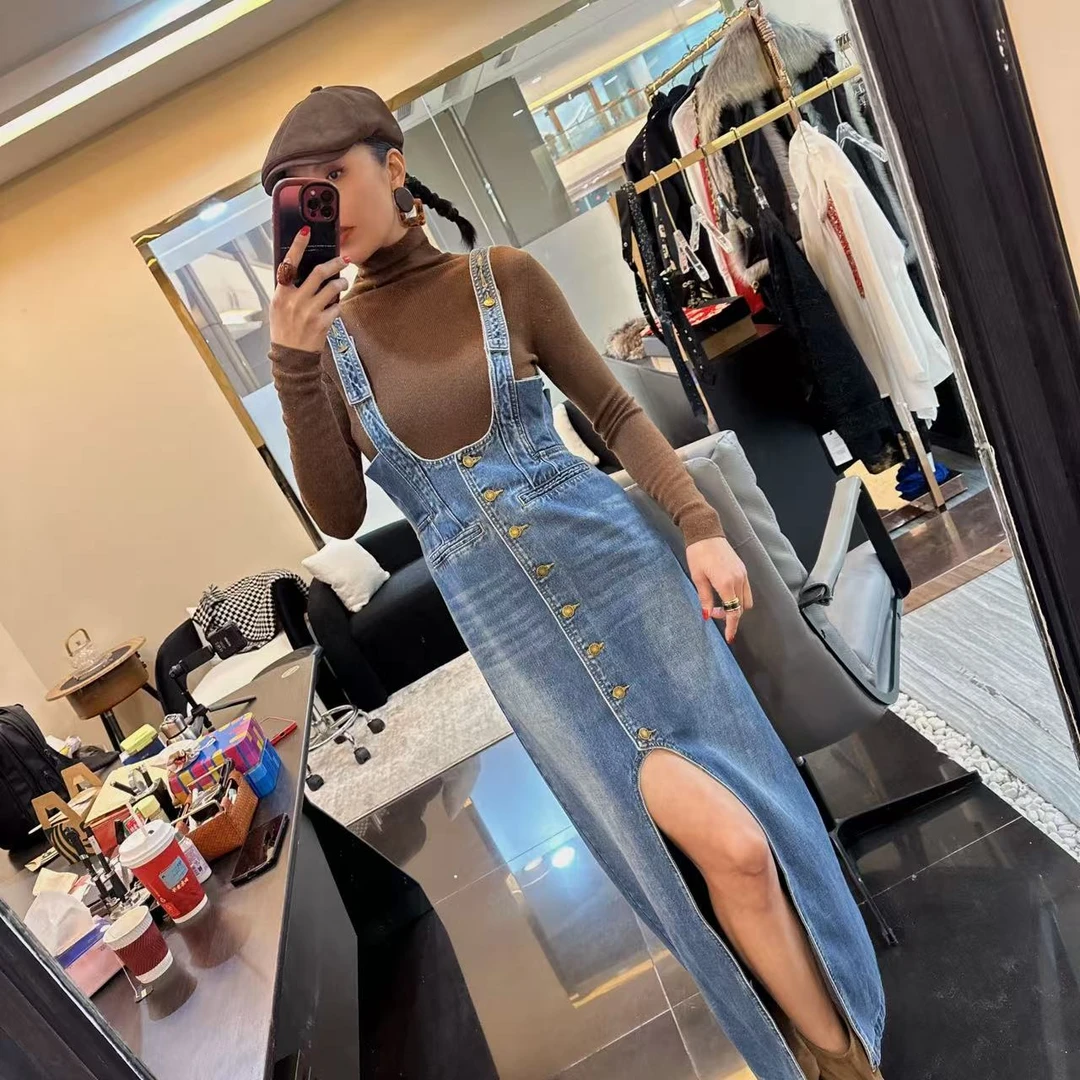 MONICA 肩带调节扣减龄牛仔背带裙