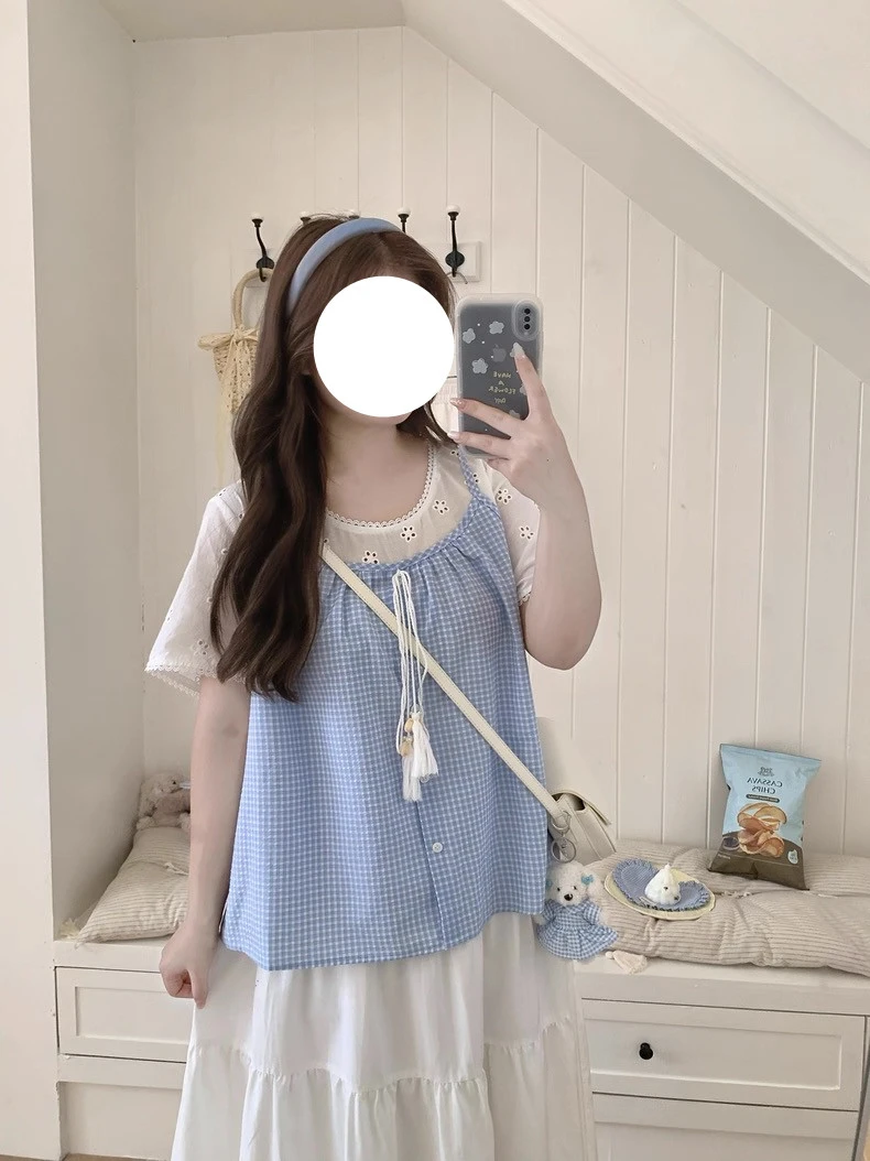 韩系少女感格子吊带背心蕾丝边假两件上衣女清新小衫娃娃衫8281
