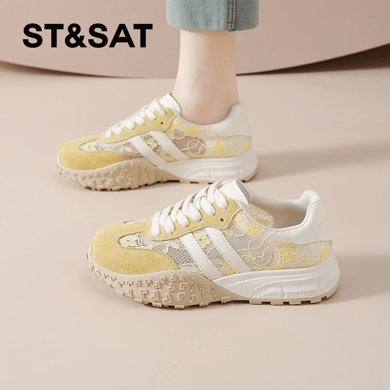星期六薄款德训鞋女2025夏季新款透气网鞋阿甘鞋休闲蕾丝板鞋女士