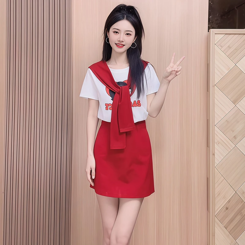 高含棉套装女2025年夏季新款小个子印花短袖t恤半身裙两件套潮