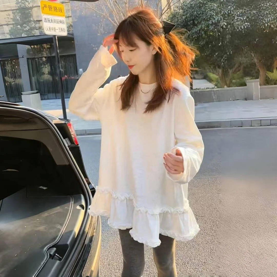 设计感中长款下摆木耳边长袖T恤女春2025新款宽松时尚打底衫上衣