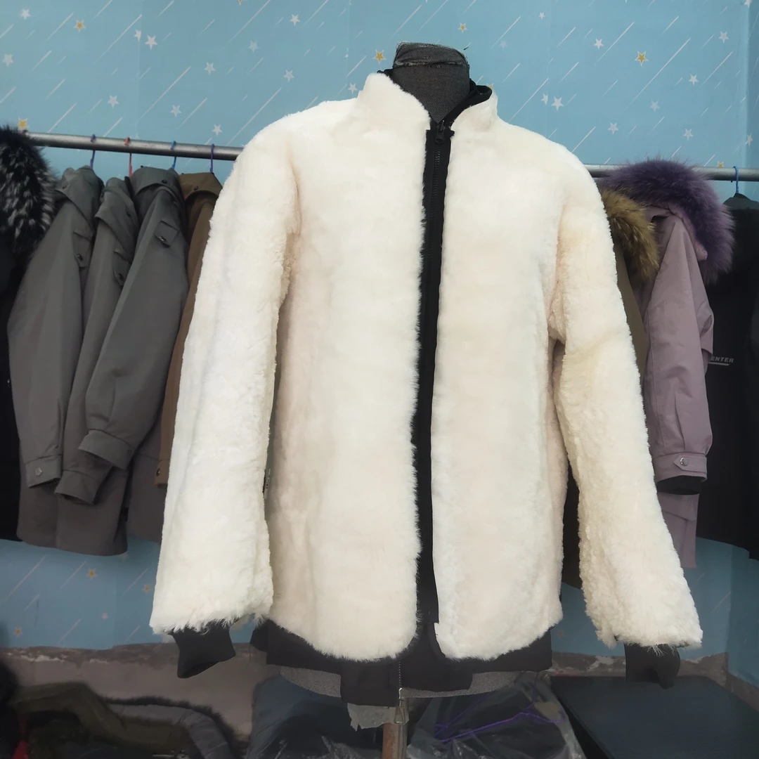 男士冬季整皮整板100%纯羊毛厚款白色加厚棉衣