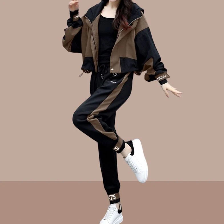 时尚宽松休闲减龄两件套女士2025春秋新款连帽外套束脚裤运动套装