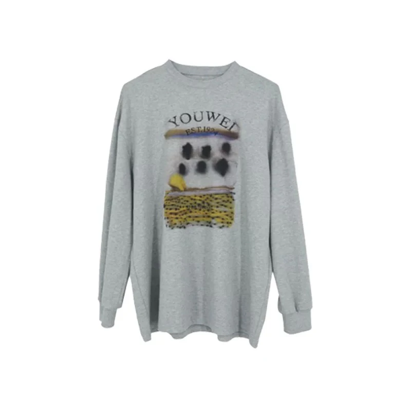 Youwei·2025春季女装艺术晕染印花长袖T恤女休闲宽松打底衫