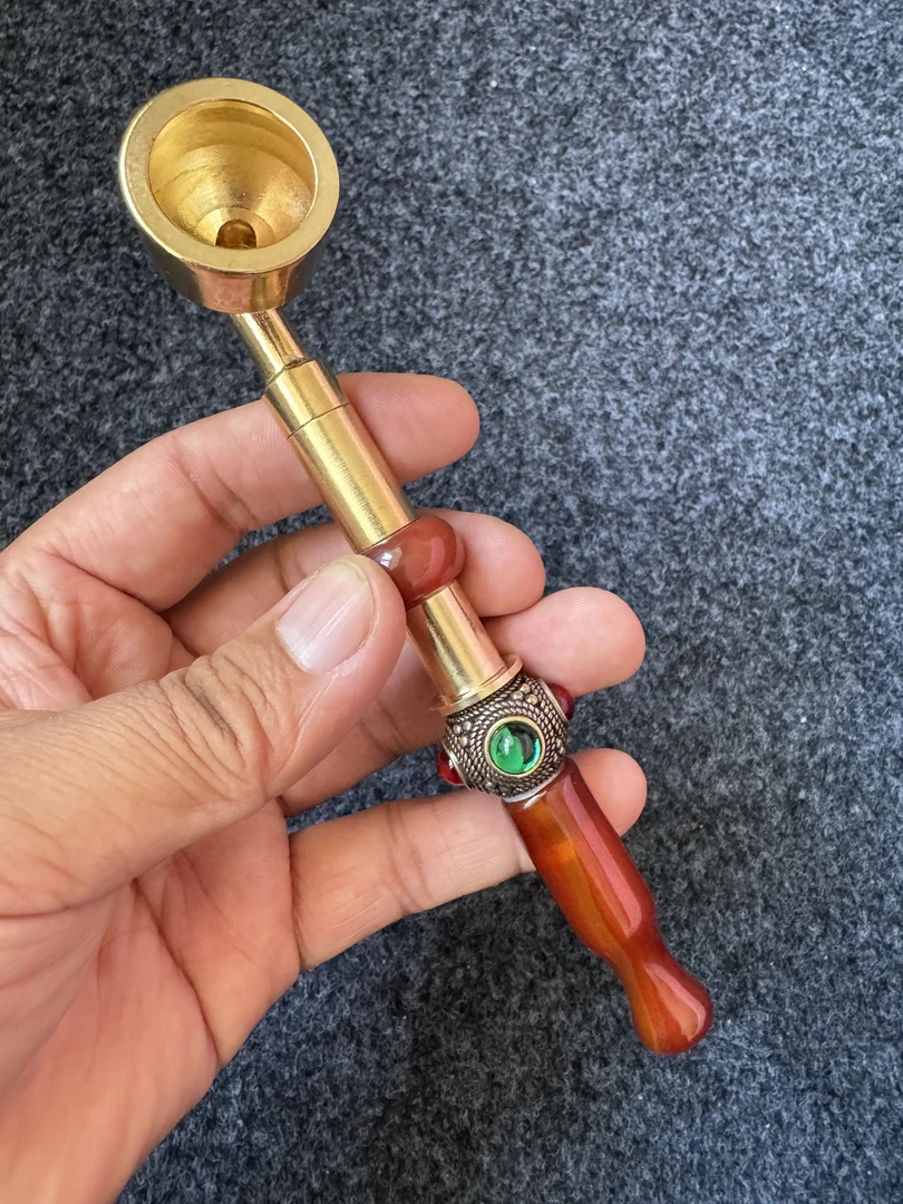 2.5cm新中式旱烟袋红玛烟嘴15.5CM手工烟锅可拆卸清洗烟袋锅老式