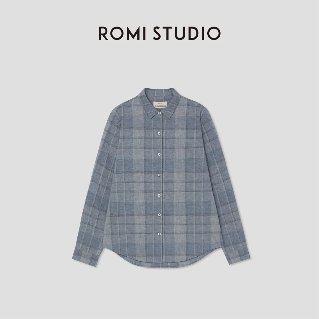 ROMI STUDIO汉麻棉混纺清爽蓝格纹撞色扣宽松翻领衬衣 RWCRSM1558