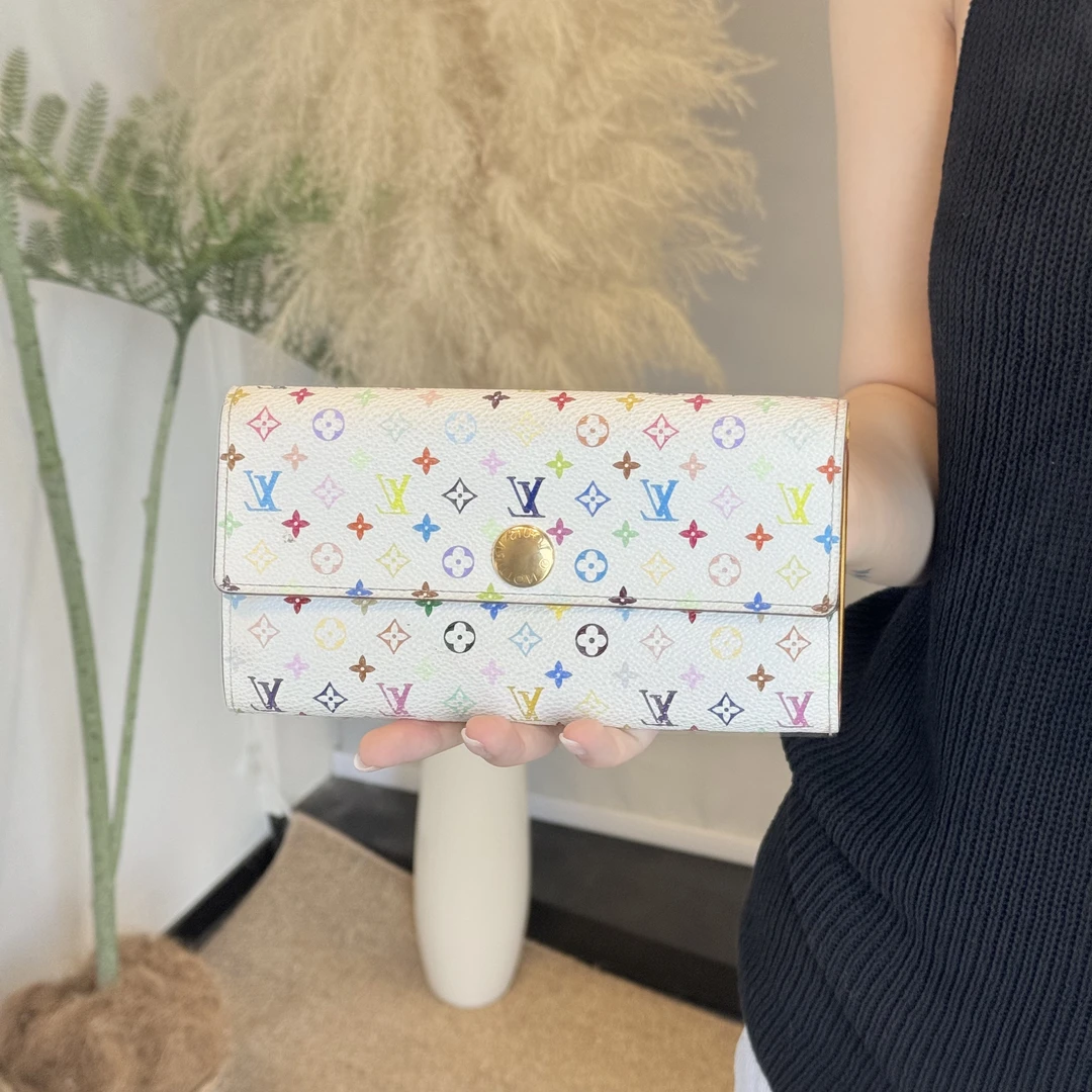 95新 LouisVuitton/路易威登 白三彩金豆豆翻盖钱夹