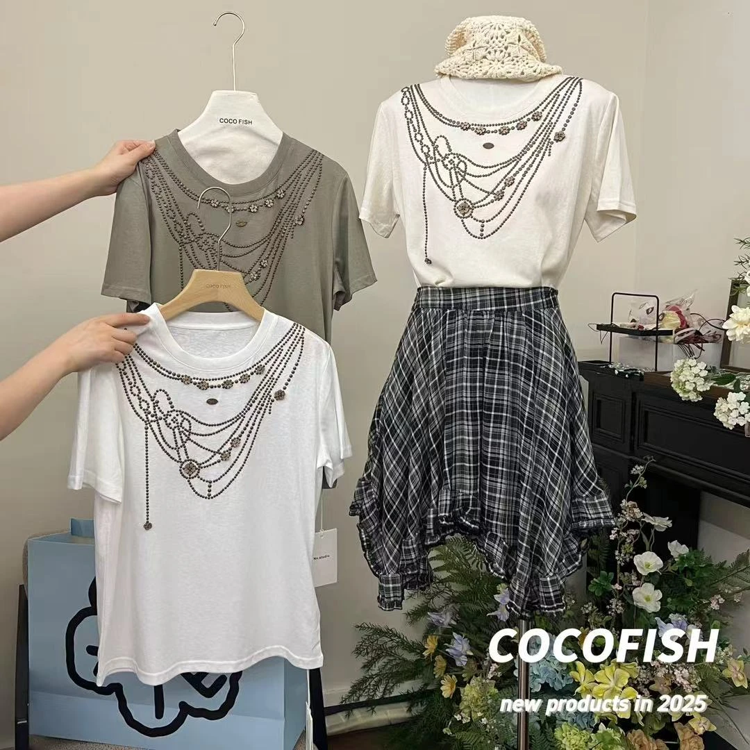 重工设计感钉珠复古宽松圆领短袖T恤#N536