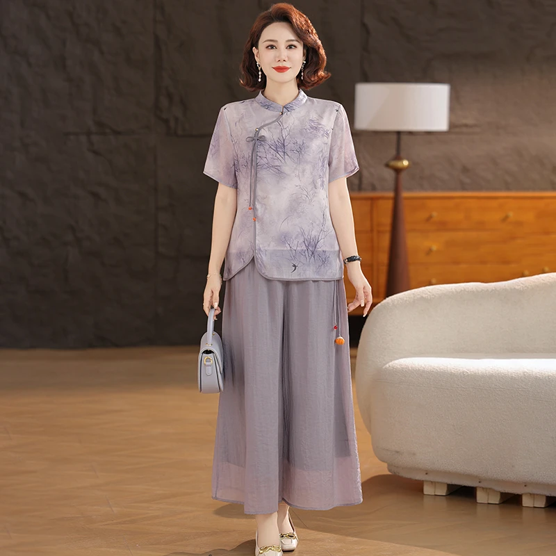 新款套装时尚国风短袖上衣+阔腿裤气质显瘦新中式