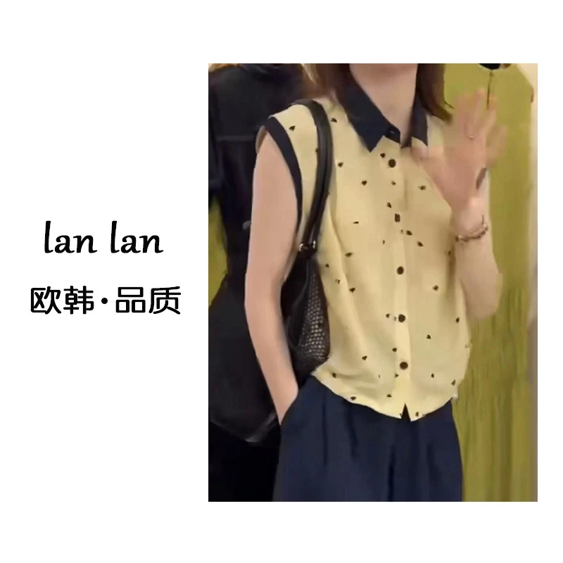 琪琪-夏上新【波点衬衣领无袖】韩版气质薄款显瘦无袖百搭衬衣