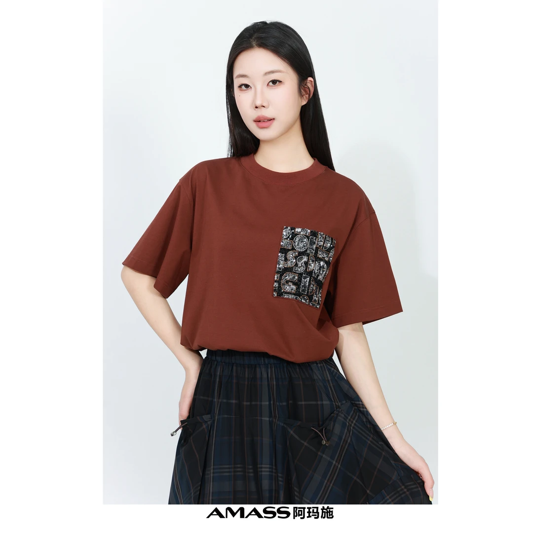 阿玛施 530088 胸前亮片钉珠口袋设计休闲质感圆领百搭ins短袖T恤