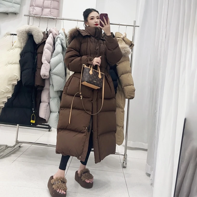 【龙女】真毛领加长款过膝加厚羽绒服女2025新款韩版连帽白鸭绒外套
