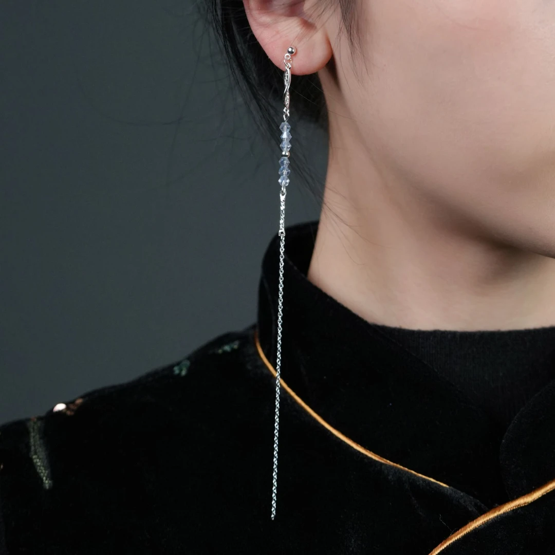 铜合金琉璃耳饰 流光系列「甘霖缀玉」耳钉银色版本流光新中式流苏