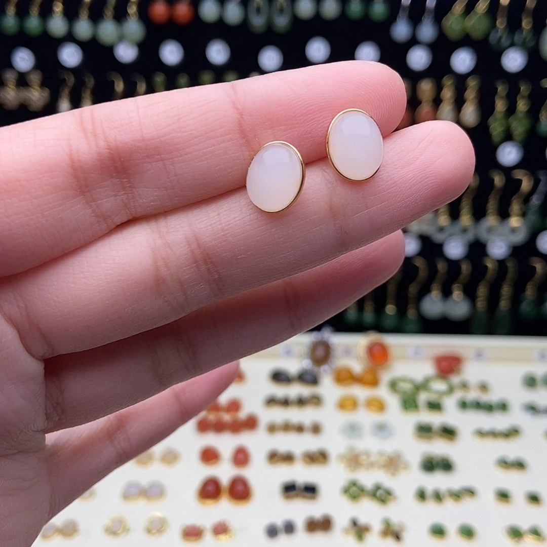 和田玉银S925镀金镶嵌耳饰