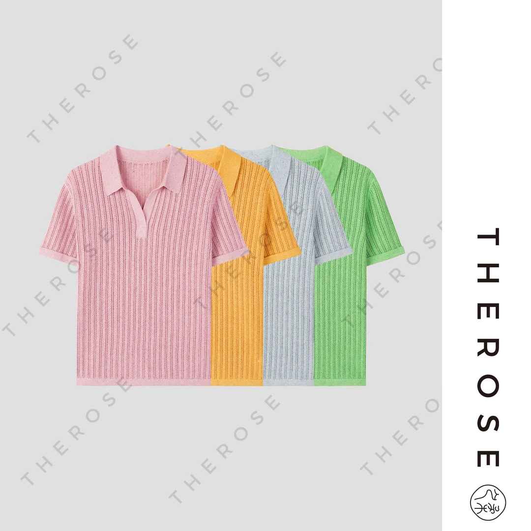 之柔【心动回忆 镂空POLO】棉麻点子纱针织清爽透气短袖百搭舒适T恤