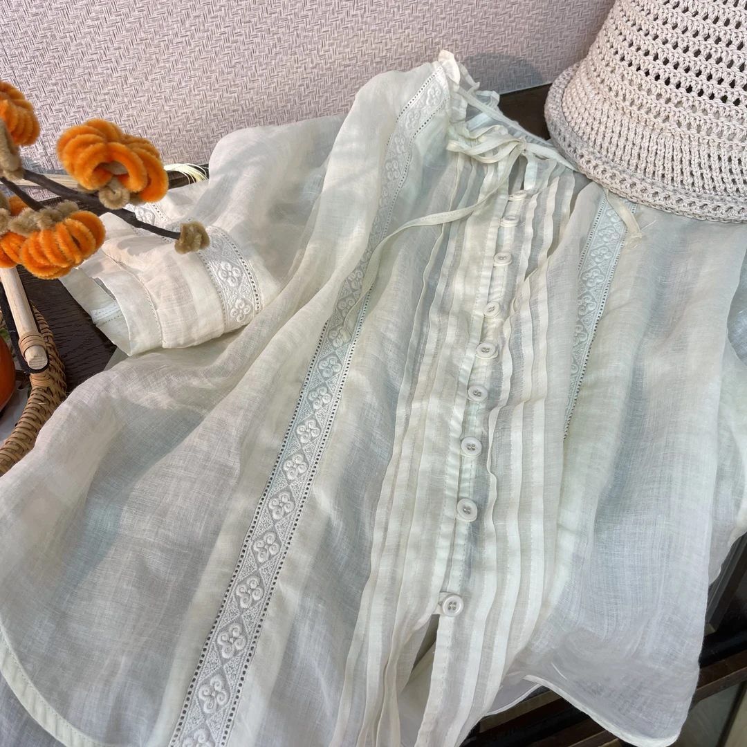 8801 苎麻仙女短袖衬衫系带绣花拼接薄款