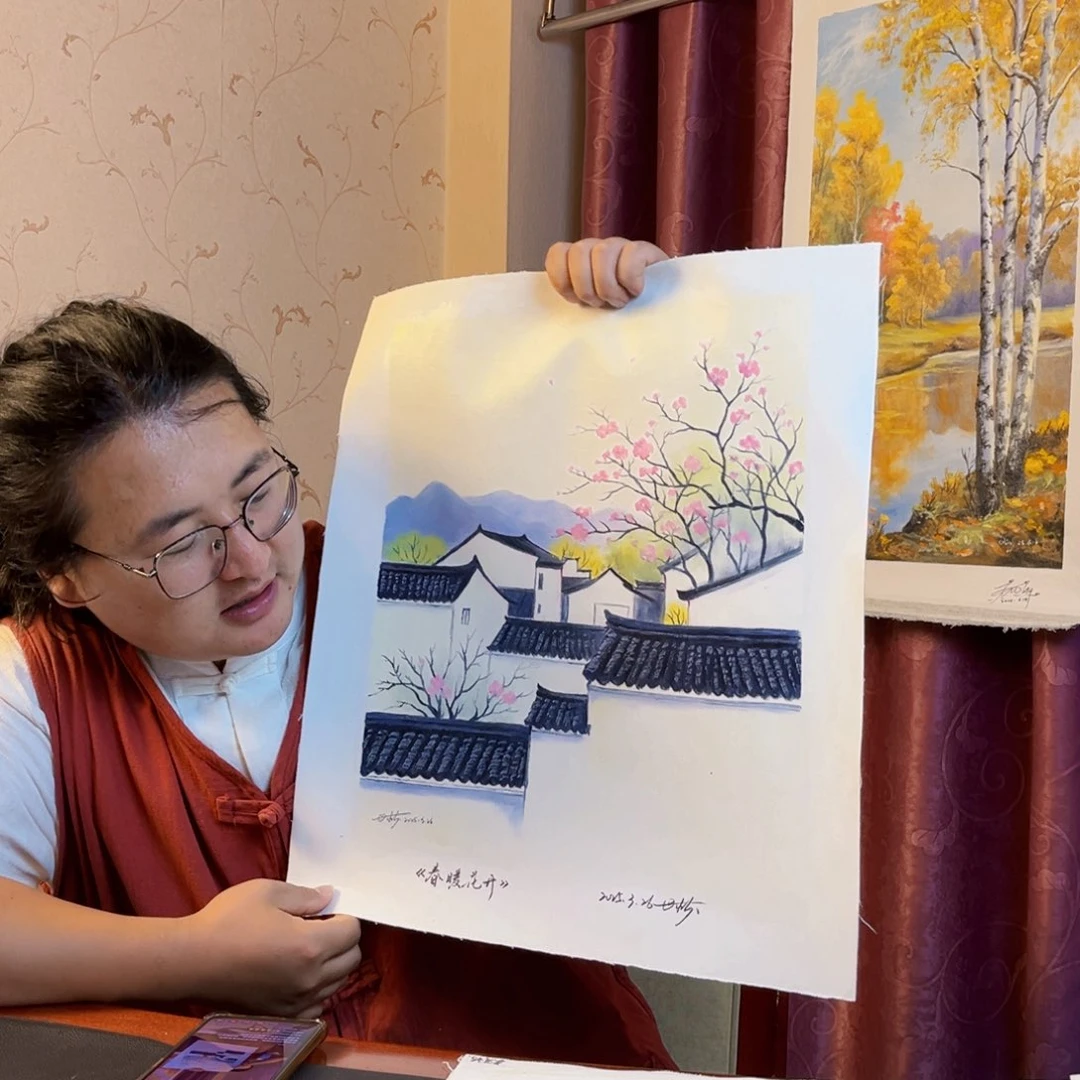 油画行路人小院绘画作品竞拍