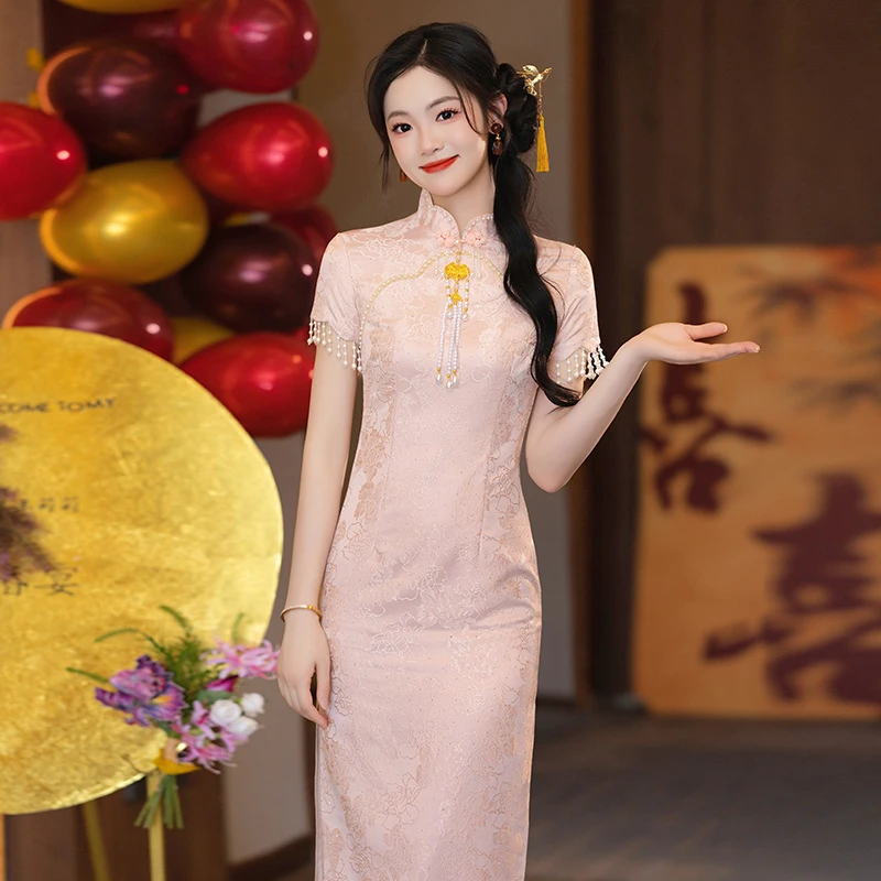 粉色立领新中式改良旗袍敬酒服小个子年轻款出阁嫁衣回门便装长款