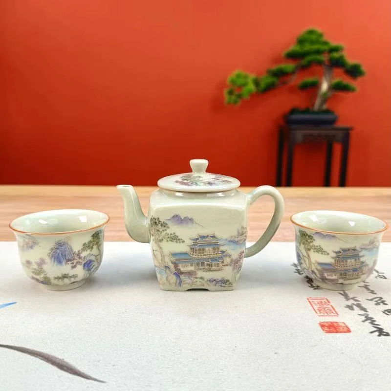 金山水四方壶一壶两杯@C4