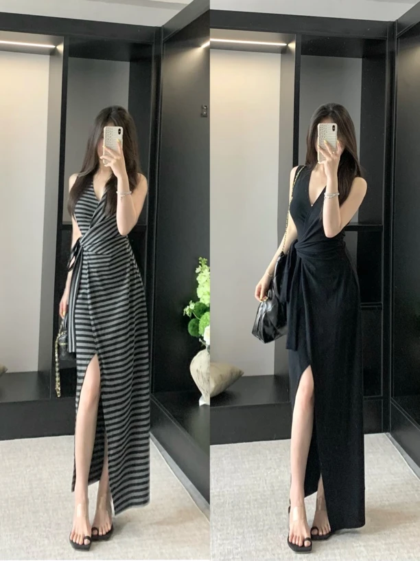 纸片人感气质V领设计感开叉系带御姐掐腰收腰长款无袖连衣裙裙子