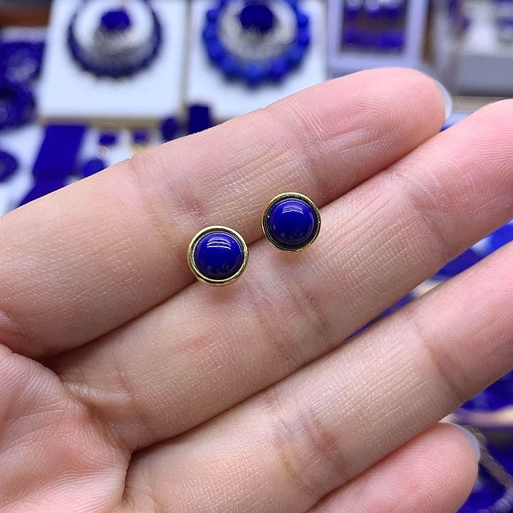 青金石耳钉银S925镀金镶嵌