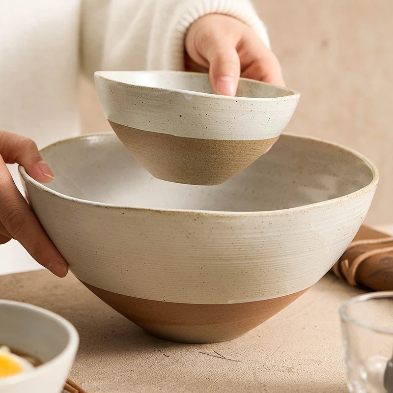 粗陶手拉螺纹碗家用米饭碗汤碗饭店餐厅商用瓷器餐碗沙拉碗水果碗