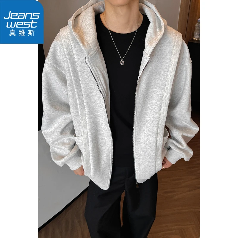 真维斯开衫拉链卫衣男连帽秋复古潮流解构拼接宽松大码休闲外套