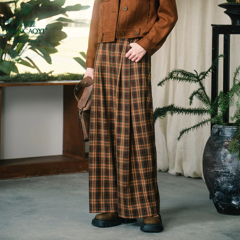 菀壹秋季新款女时尚百搭复古格子阔腿裤显瘦休闲长裤K12651431