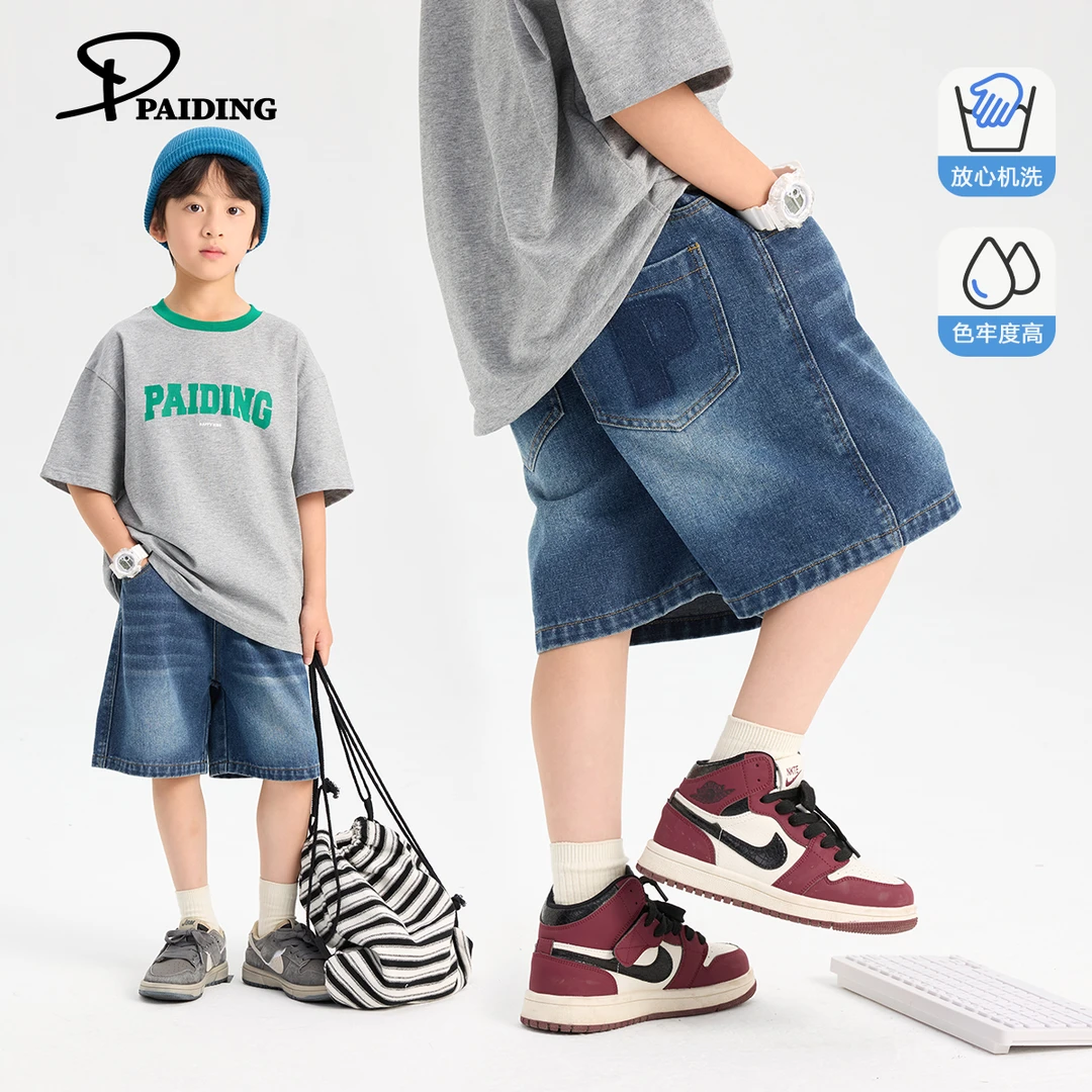 派町夏装儿童韩版中大童时尚水洗字母P牛仔五分裤P252J0468-WPP