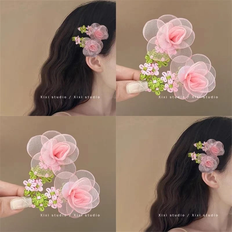 超仙网纱花朵发夹甜美粉色头花田园风氛围感刘海夹少女心侧边BB夹