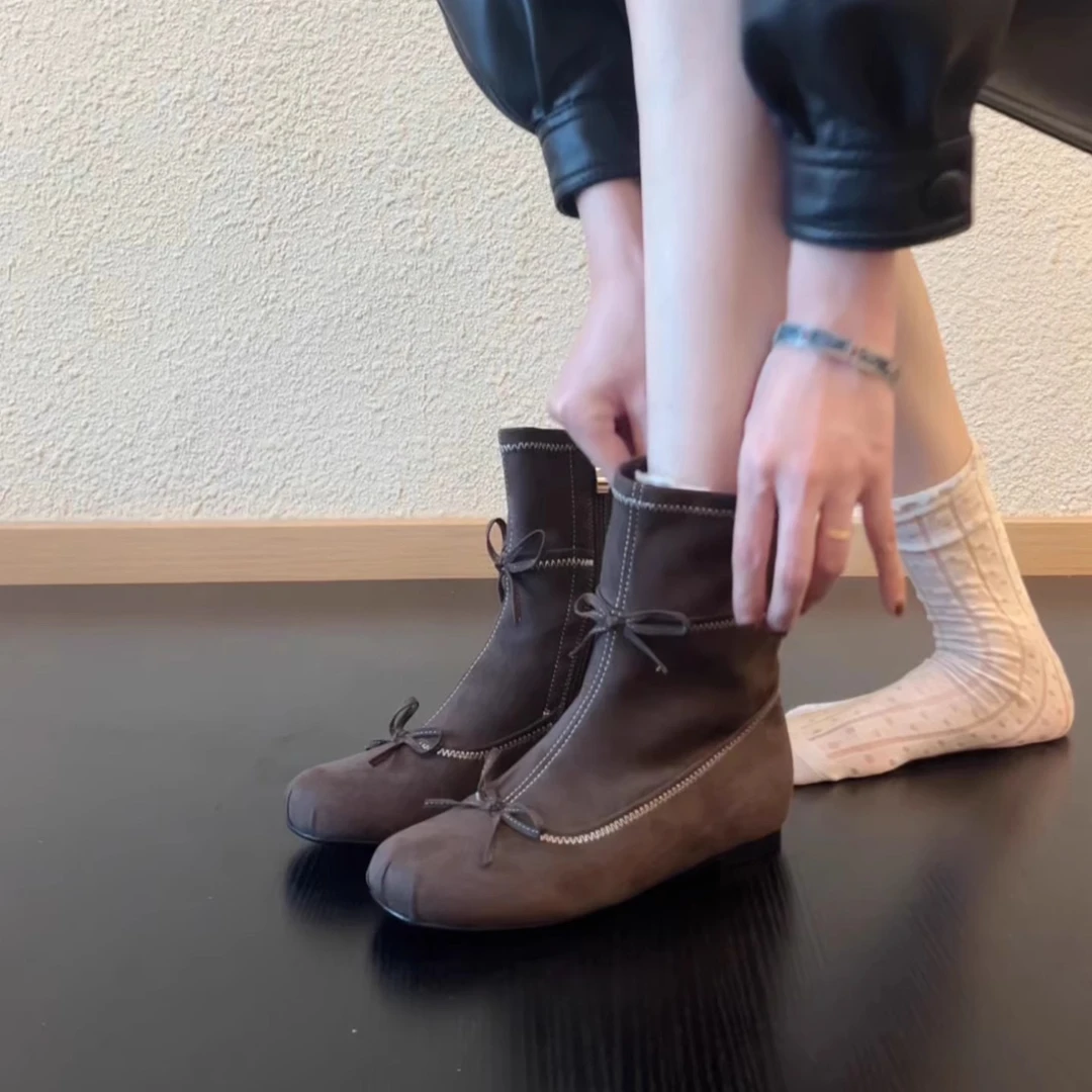 Pokoy-3cm女拼接圆头单鞋显瘦单靴中筒气质法式