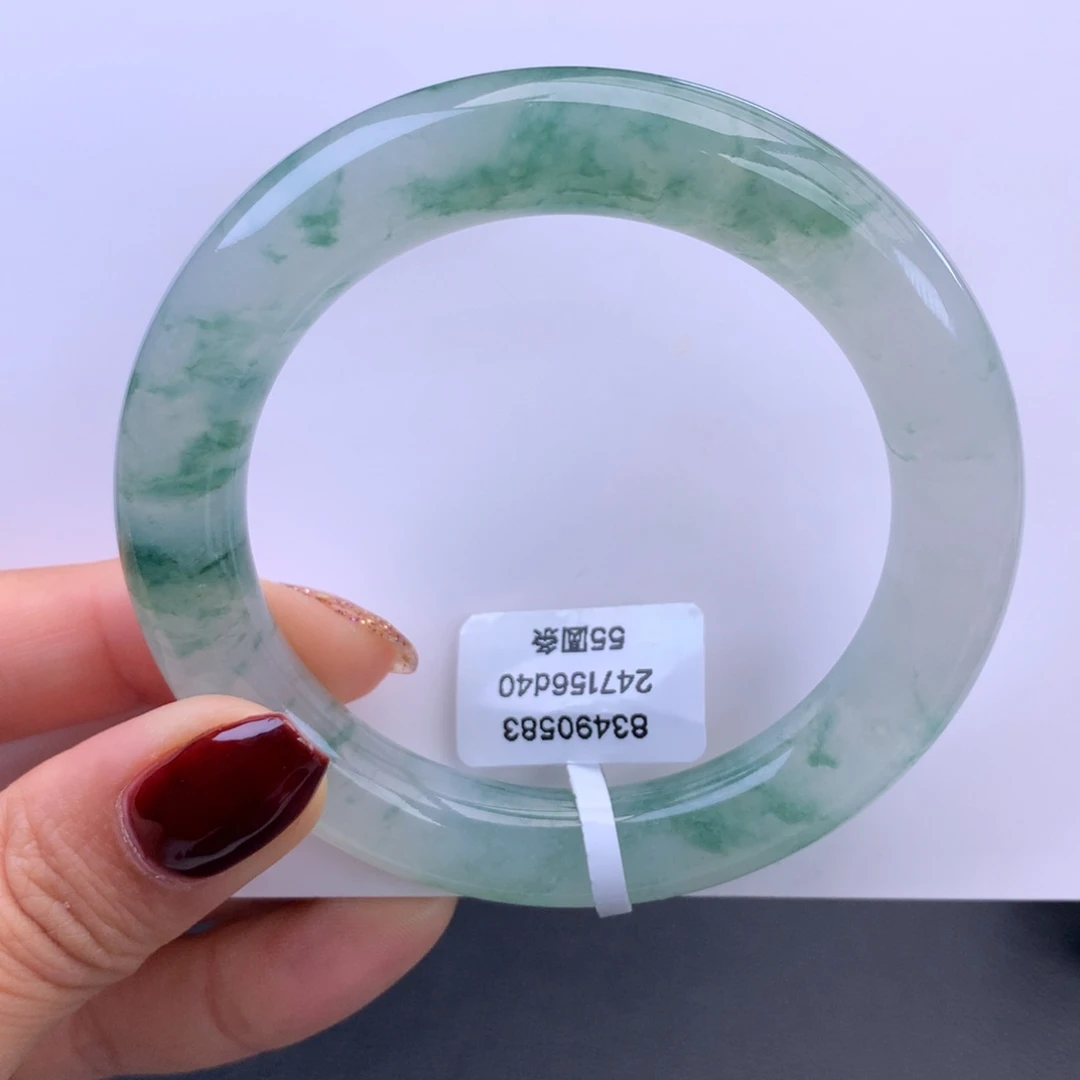 翡翠未镶嵌手镯冰飘绿花圆条手镯