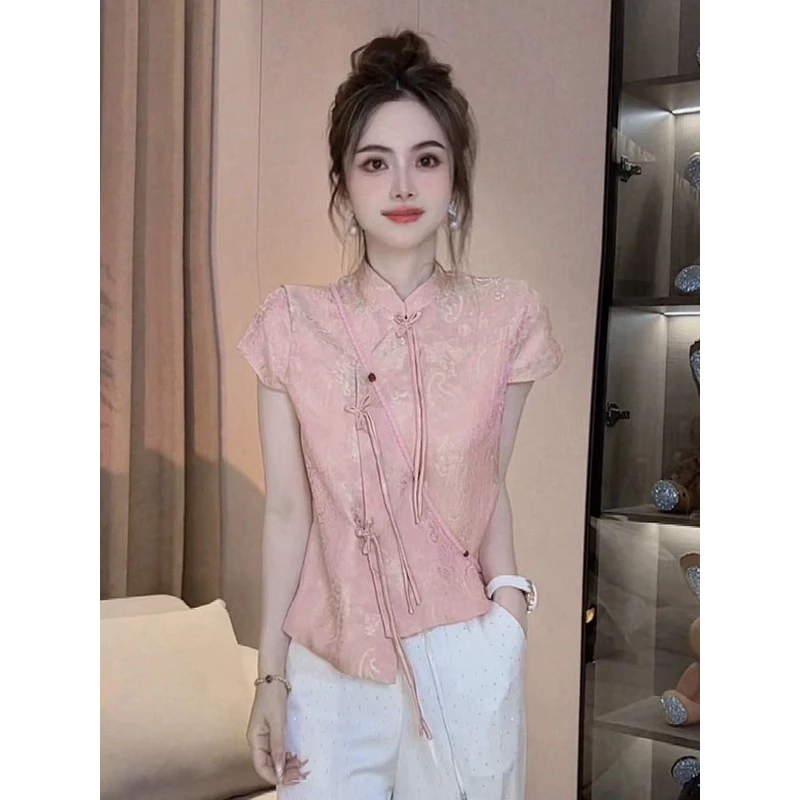 新中式国风盘扣立领短袖衬衫女夏季2025新款设计感小众别致上衣潮