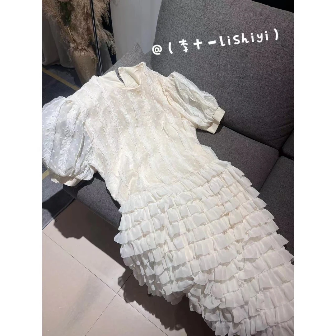 【眷茶香】重工层次感蕾丝边泡泡袖连衣裙★6072