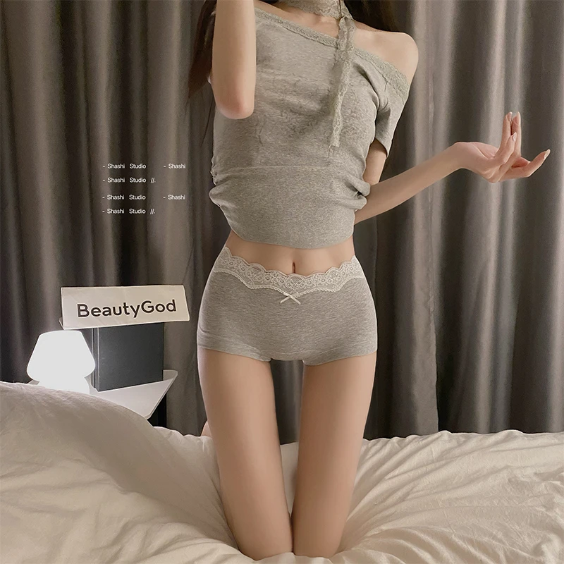四角内裤女士棉质加长裆夏季女生蕾丝边高腰大码收腹包臀平角短裤