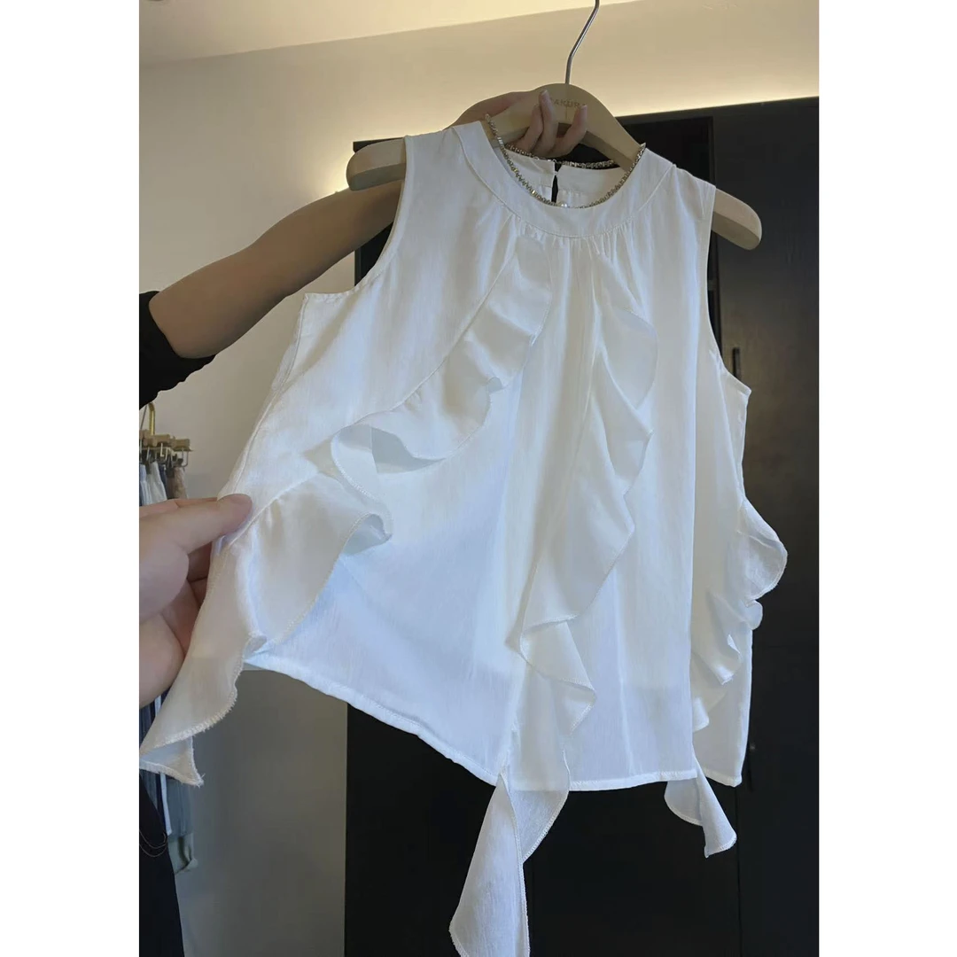 璎婲sᴀᴋᴜʀᴀ【蓝沁云舒】媛韩系褶皱设计感荷叶边飘带减龄无袖衬衫