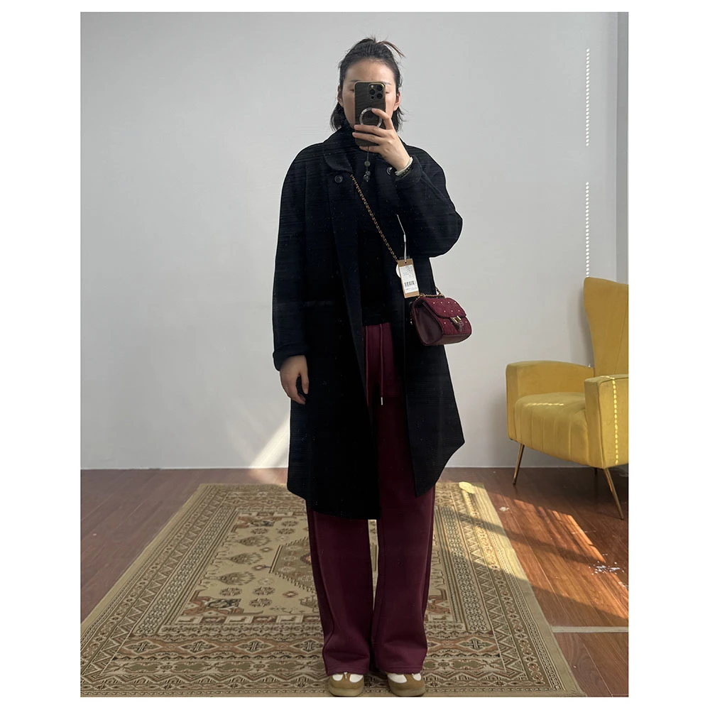 FY010 秋冬新款女士时尚百搭宽松这款双排扣翻领长袖毛呢大衣外套