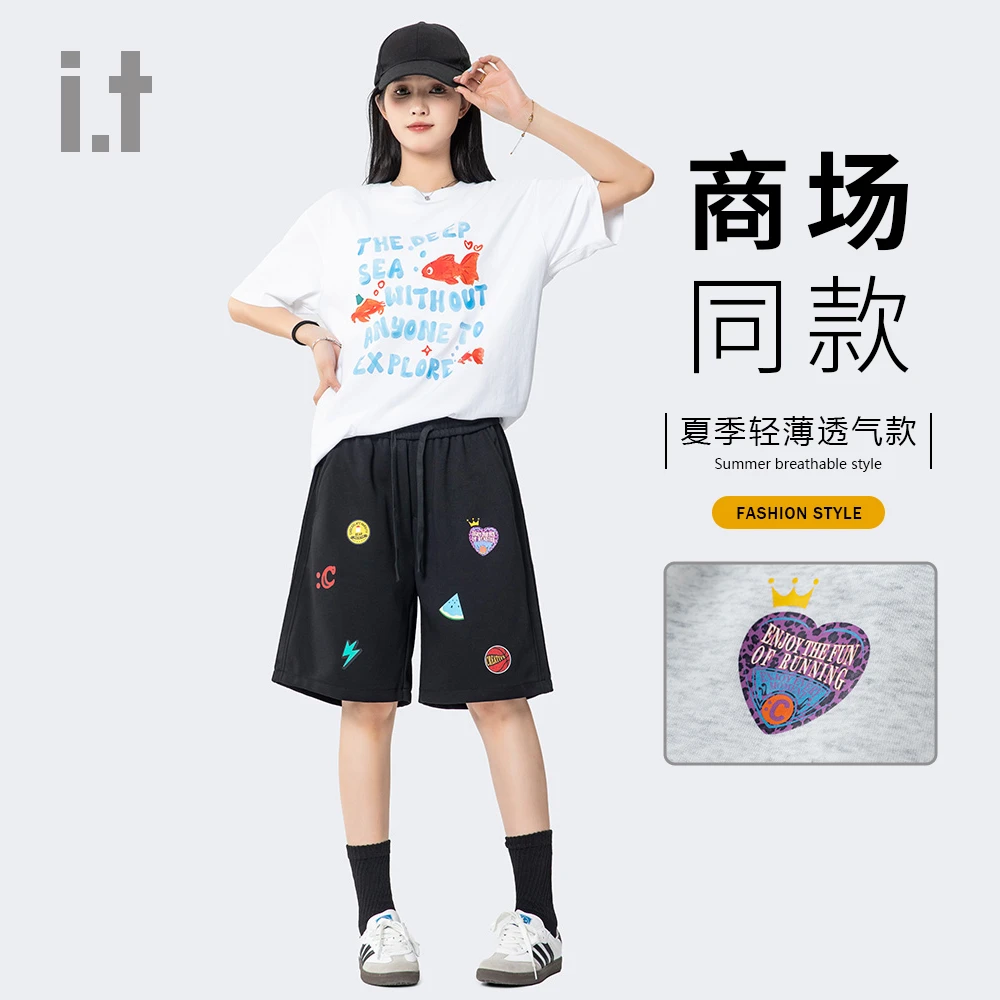 I.T旗下CHOCOOLATE休闲运动短裤男女同款印花针织弹力夏透气轻薄