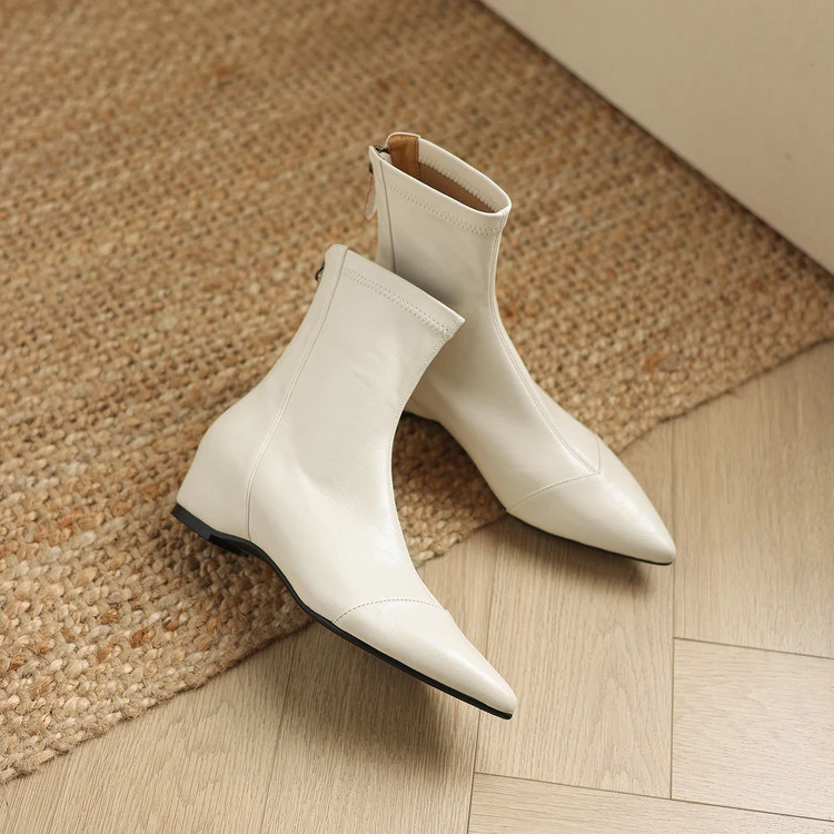 4cm~内增高时装靴短靴中跟尖头瘦瘦靴弹力气质裸靴时尚法式秋冬季