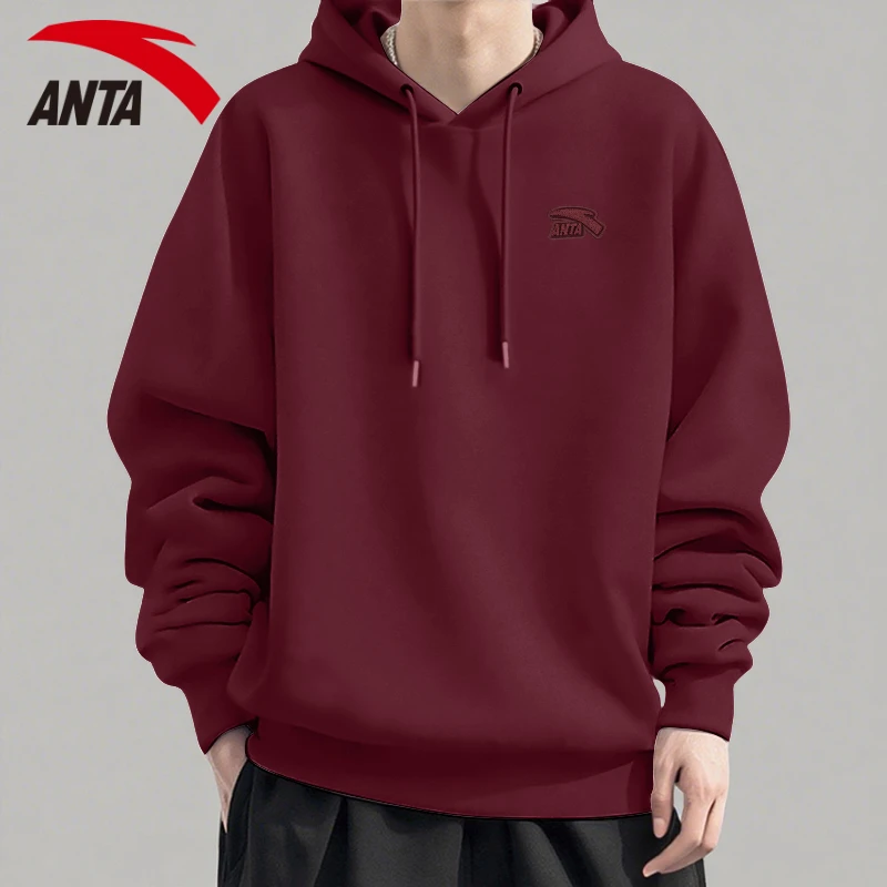 安踏红色连帽卫衣男款秋季新款简约美式长袖宽松运动休闲潮流上衣