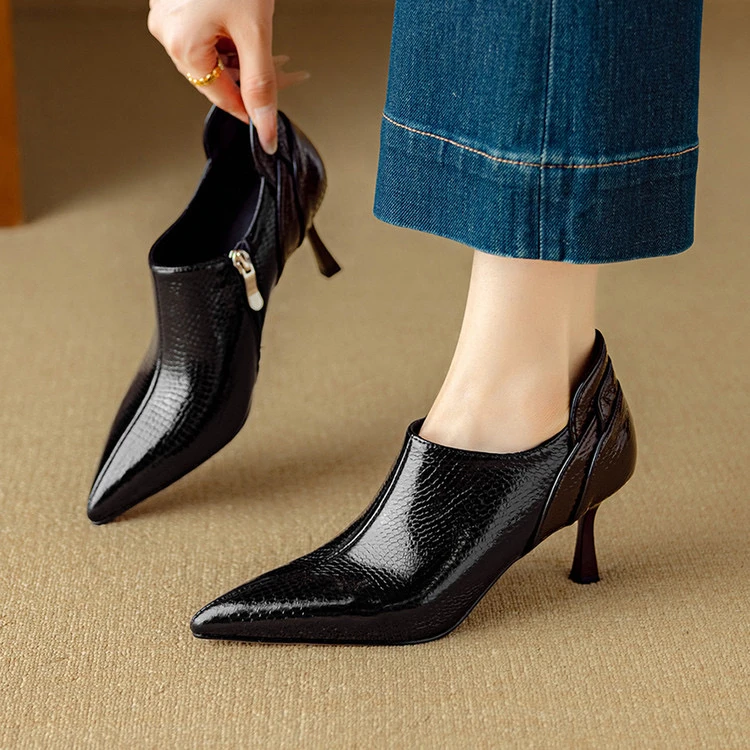 里外纯皮～牛皮7cm复古尖头高跟时尚裸靴新款女细跟侧拉链显瘦百搭