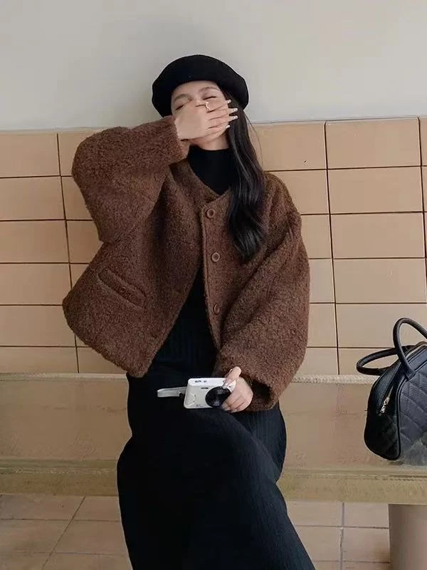 秋冬短款通勤风圆领法式毛毛羊羔绒大衣保暖宽松外套-99628