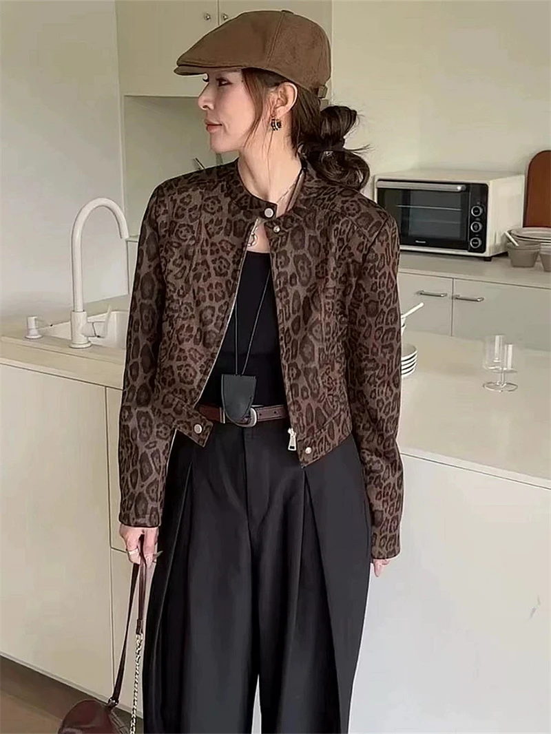 复古设计感立领拉链豹纹外套女2025秋季新款时尚机车夹克洋气上衣