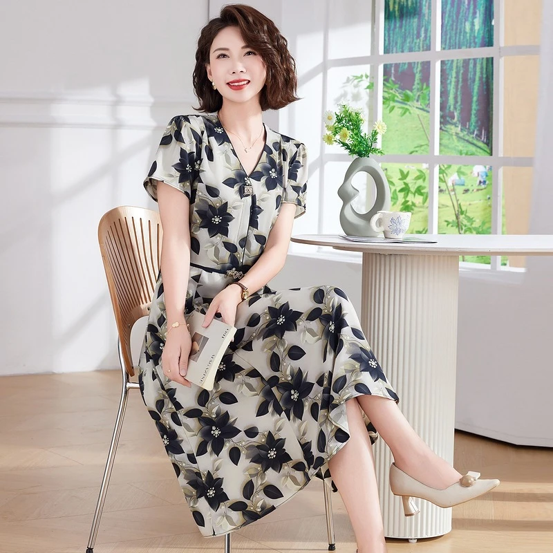 恒源祥彩羊2025年夏季新品碎花短袖显瘦中长款连衣裙法式碎花显瘦