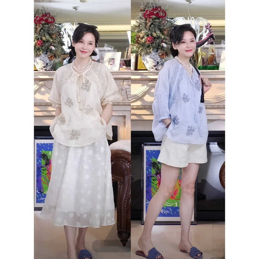 我是摩羯 玫瑰庄园 100支苎麻11万针十字绣流苏系带H型秋小衫